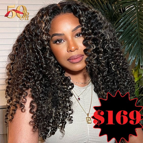{50% Off} 5x5 Skin Melt Lace Highlight Curly 200% Pre-cut Lace Human Hair Lace Closure Wig
