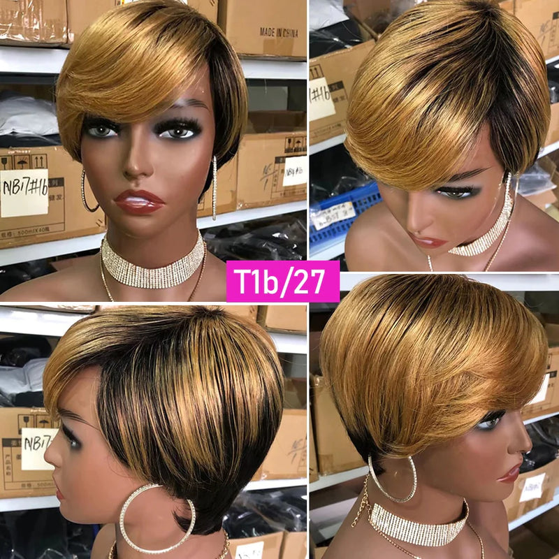 Delia | Side Part Pixie Cut Ombre 1B/27 Preplucked Human Hair Lace Front Wig