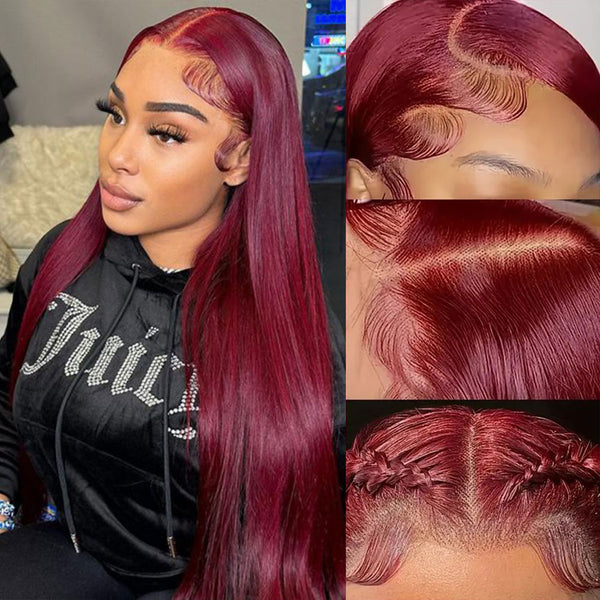Burgundy 99J Wine Red 13x4 Preplucked Virgin Human Hair Lace Front Wig