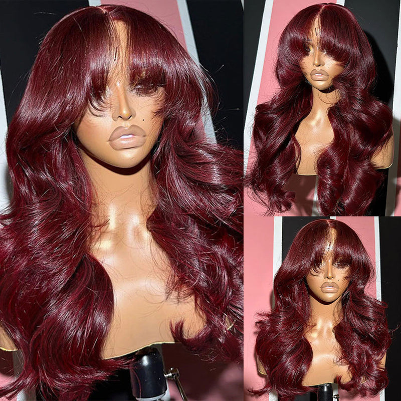 13x4|13X6 Lace Front Curtain Bang Prestyled Burgundy Human Hair Wig
