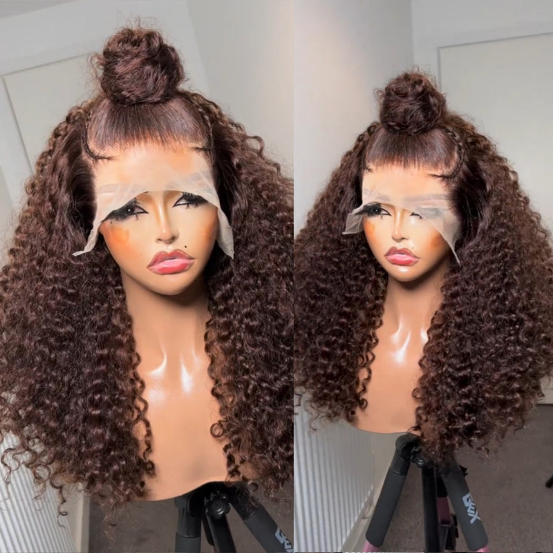 13x6 Full Hair Transparent Lace Human Hair 250% Density Frontal Wig Burmese Curls Brown