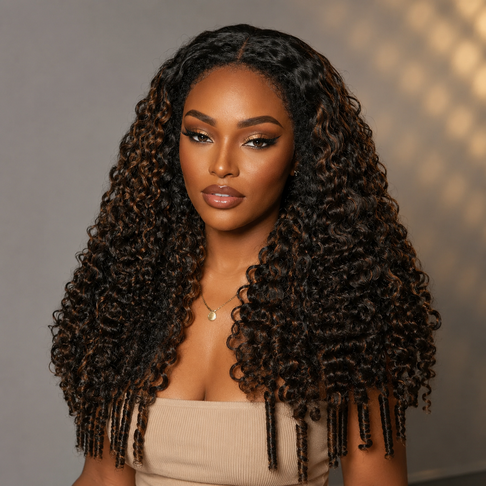 13x6 Knot-Free/Fitted Cap Human Hair Curly Edge Wig Highlight Burmese Curls with Coily Ends