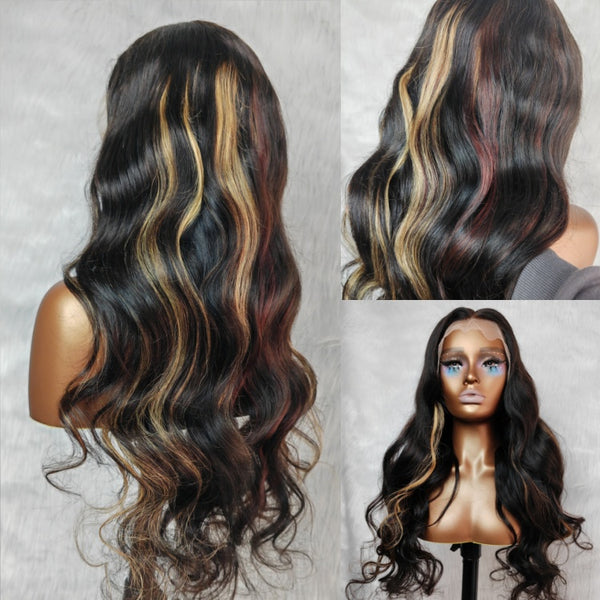{50% Off} Tri-Colored Highlight 13x4 Body Wave Lace Front Wig
