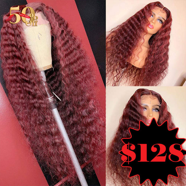 {50% Off} 99J Wine Red Human Hair Lace Front Wig Deep Wave