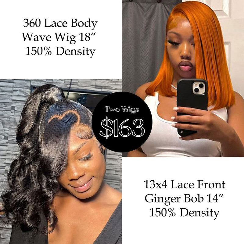 [Two Wigs $163] 360 Lace Wig Body Wave & 13x4 Ginger Bob Wig