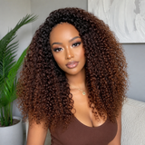 3 in 1 Curly Half Wig with Drawstring Ombre Brown Curly Glueless Human Hair Wig