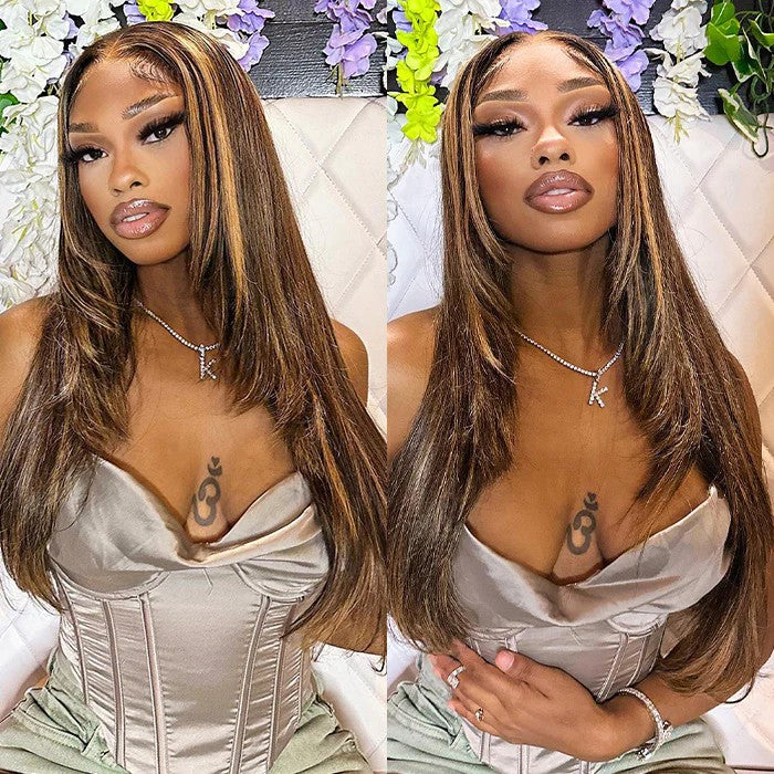 13x6 / 13x4 Full Frontal Layered Highlight Straight Preplucked Human Hair Lace Front Wig