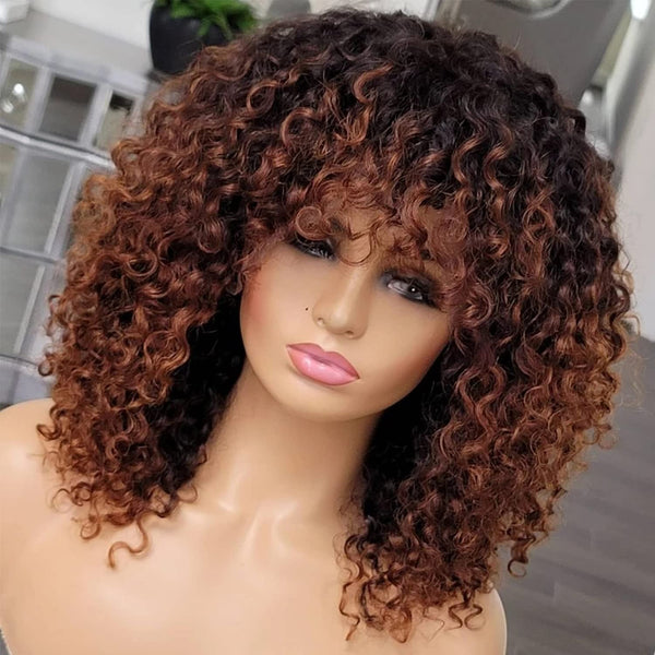 Full Machine Made Ombre Brown Curly Human Hair Wig with Bang