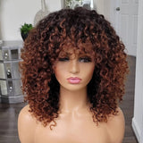 Full Machine Made Ombre Brown Curly Human Hair Wig with Bang