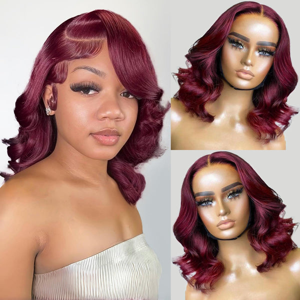 13x6 99J Burgundy Body Wave Bob Wig 250% Preplucked Human Hair Lace Front Wigs