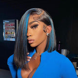 {50% Off US ONLY} 13x4 Blue Highlights Human Hair Bob Lace Front Wig