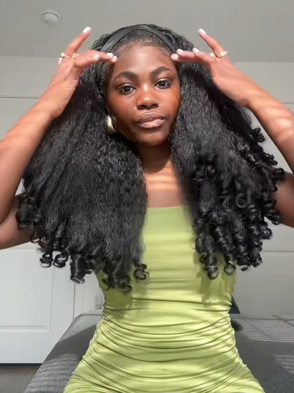 3 in 1 Half Wig with Drawstring Kinky Hair Coily Ends Glueless Human Hair Wig