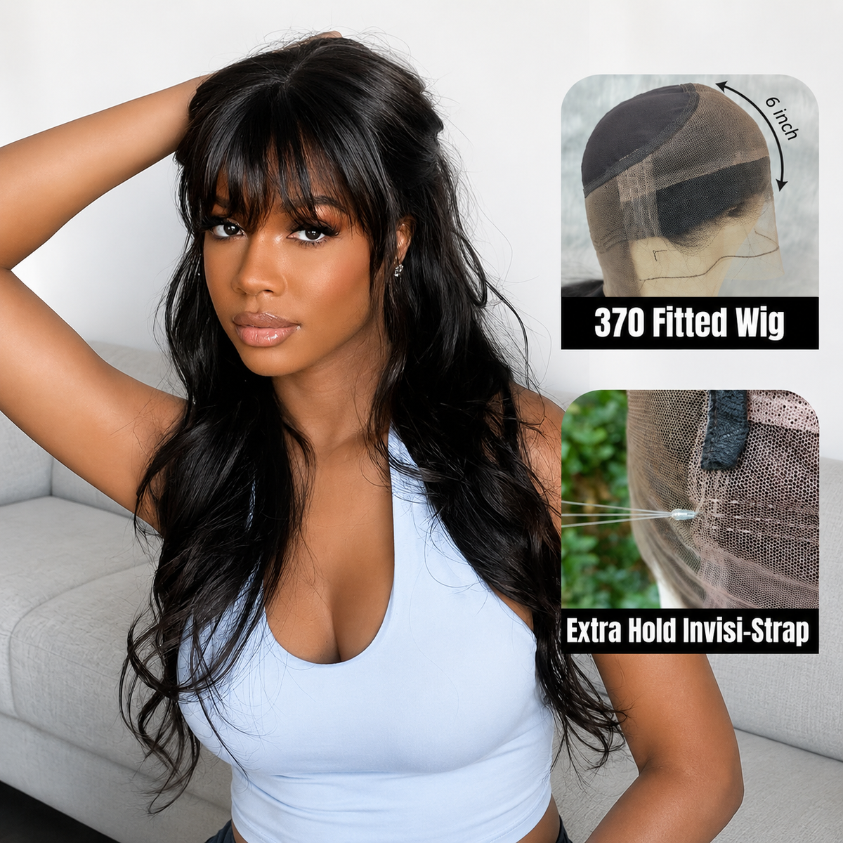 370 Fitted Cap Invisible Strap Skin Melt Lace Frontal Wig | Wavy with Bang