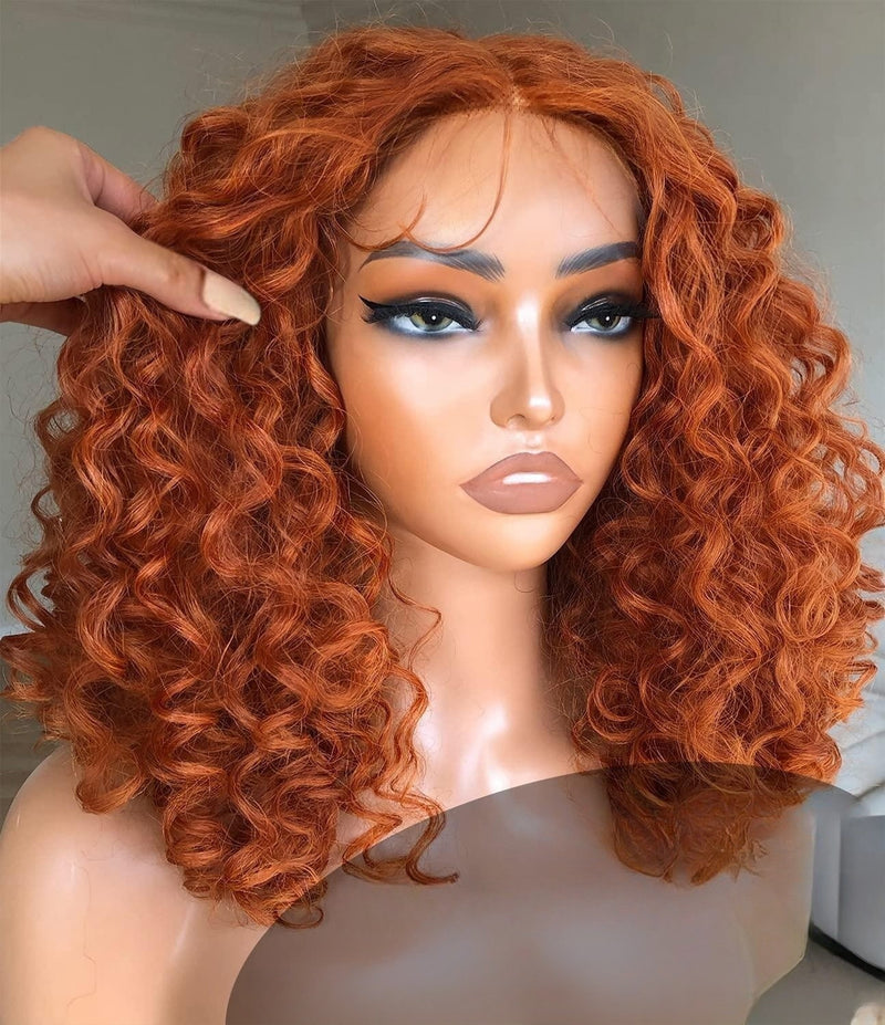 13x6 / 13x4 Full Frontal Ginger Bouncy Wavy Preplucked Human Hair Lace Front Wig