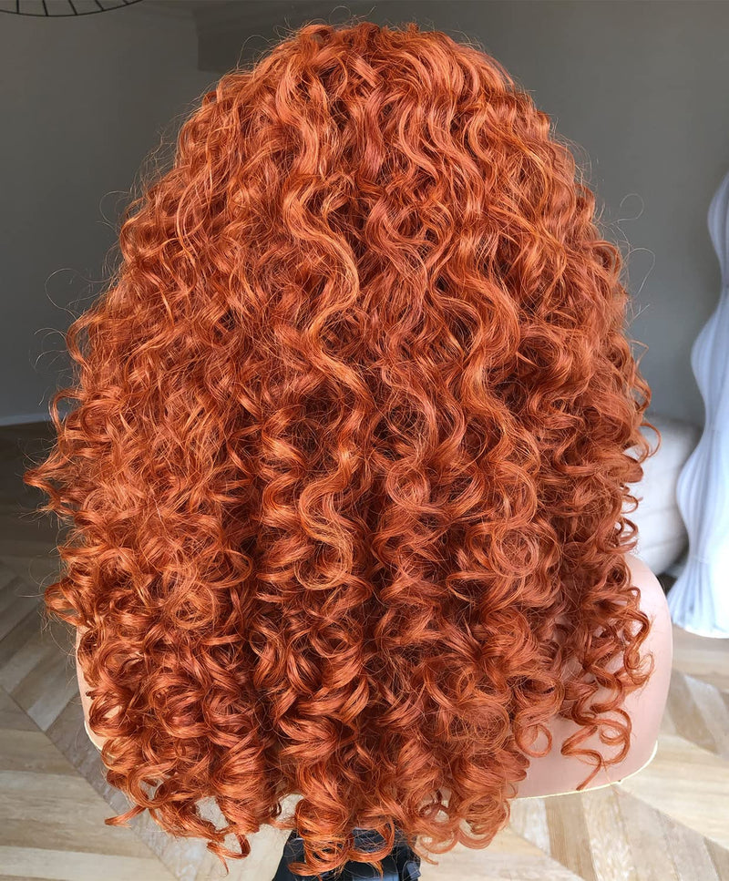13x6 / 13x4 Full Frontal Ginger Bouncy Wavy Preplucked Human Hair Lace Front Wig