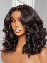 Full Lace Fake Scalp Free Parting Preplucked Human Hair Bouncy Wave Bob Wig