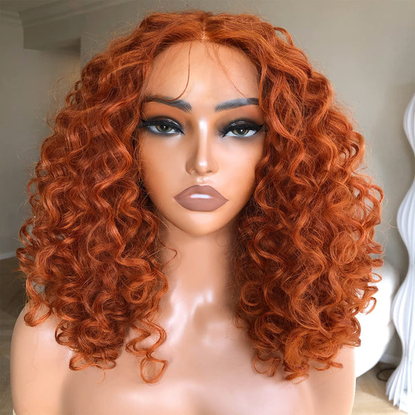 13x6 / 13x4 Full Frontal Ginger Bouncy Wavy Preplucked Human Hair Lace Front Wig
