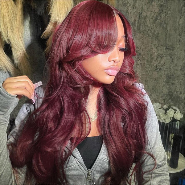13x4|13X6 Lace Front Curtain Bang Prestyled Burgundy Human Hair Wig