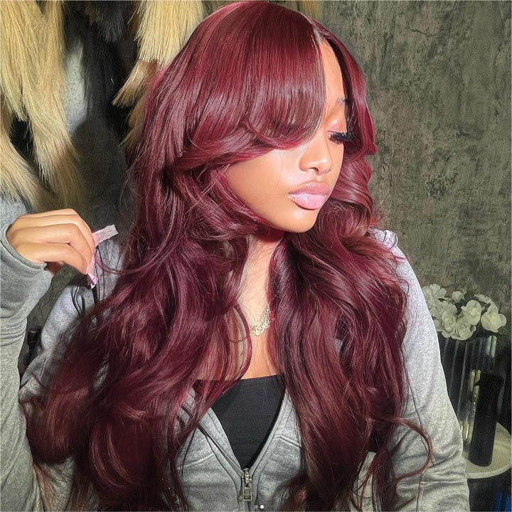 13x4|13X6 Lace Front Curtain Bang Prestyled Burgundy Human Hair Wig