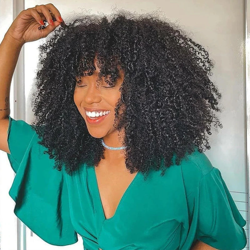Full Machine Made Afro Kinky Curly Human Hair Wig with Bang