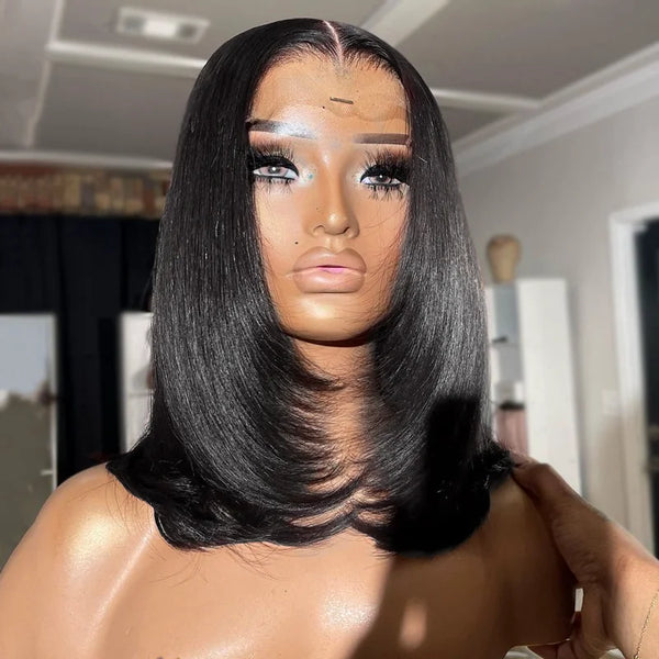 360 Lace Invisible Strap Pre-Cut 250% Density Preplucked Human Hair Layered Bob Wig