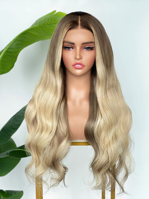 [SalonLux] 13x4 HD Lace Ombre Platinum Blonde Highlight Wavy Preplucked Human Hair Lace Front Wig