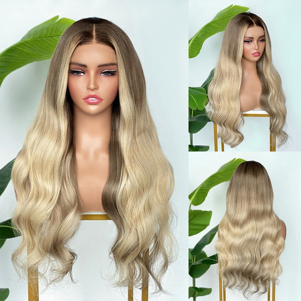 [SalonLux] 13x4 HD Lace Ombre Platinum Blonde Highlight Wavy Preplucked Human Hair Lace Front Wig