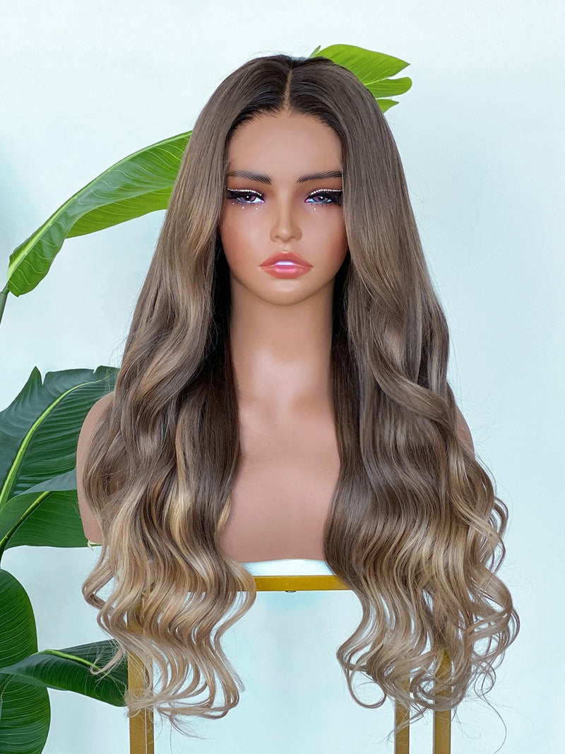 [SalonLux] 13x4 HD Lace Ombre Ash Blonde Wavy Preplucked Human Hair Lace Front Wig