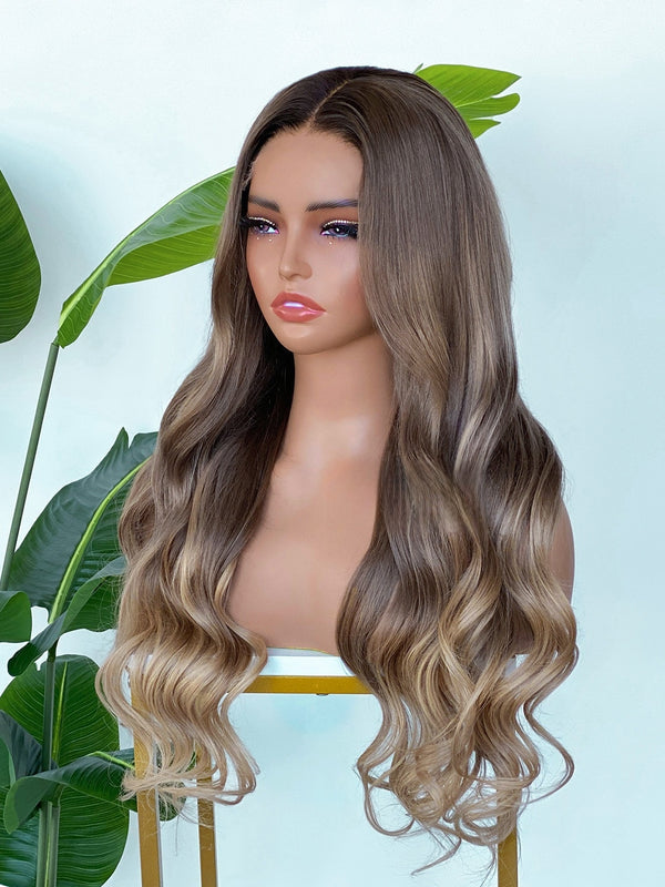 [SalonLux] 13x4 HD Lace Ombre Ash Blonde Wavy Preplucked Human Hair Lace Front Wig