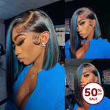 {50% Off US ONLY} 13x4 Blue Highlights Human Hair Bob Lace Front Wig