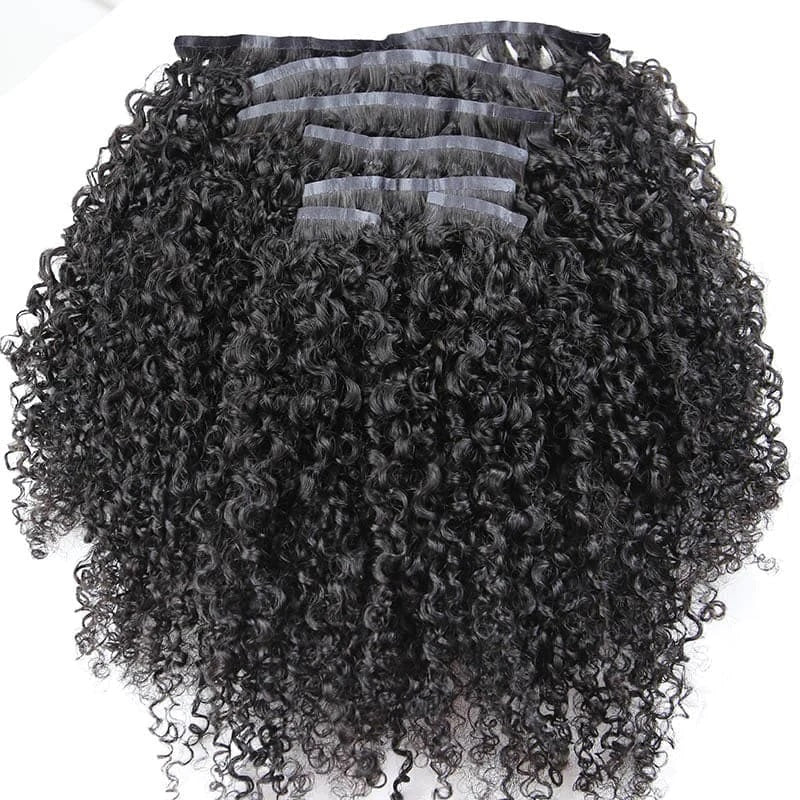 Ultra Thin Kinky Curly Seamless PU Clip In Hair Extension Virgin Human Wefts Set