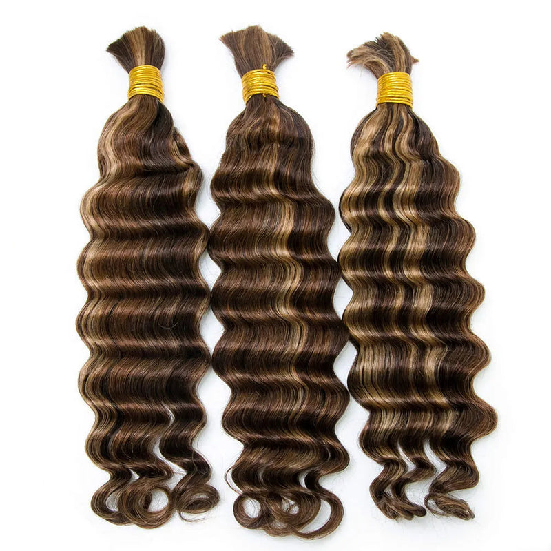 Mix Color #4/#27/#30 Bulk Hair Human Hair Extension For Boho Knotless Braiding Deep Wave