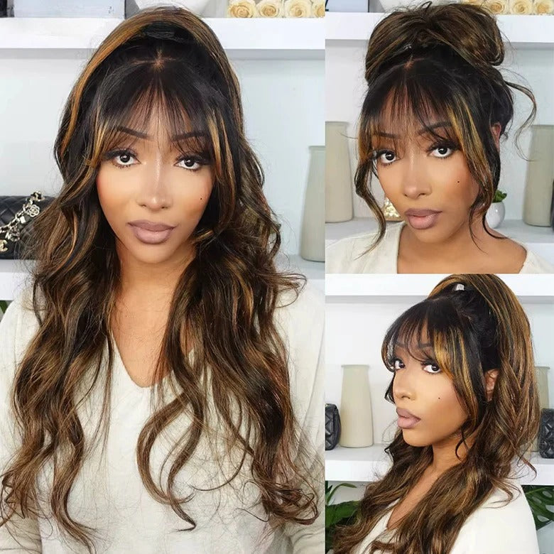 7x5 Drawstring Wavy with Bang Highlight Skin Melt Lace Fitted Pre-Cut Closure Wig