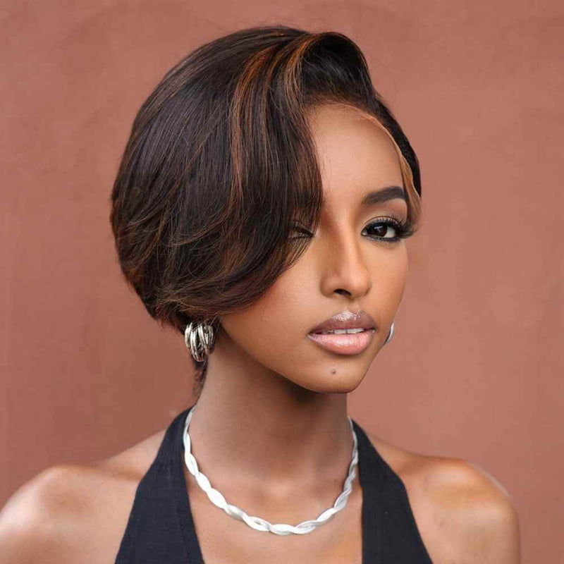 Honey Brown Highlight Side Part Pixie Cut Preplucked Human Hair Lace Wig