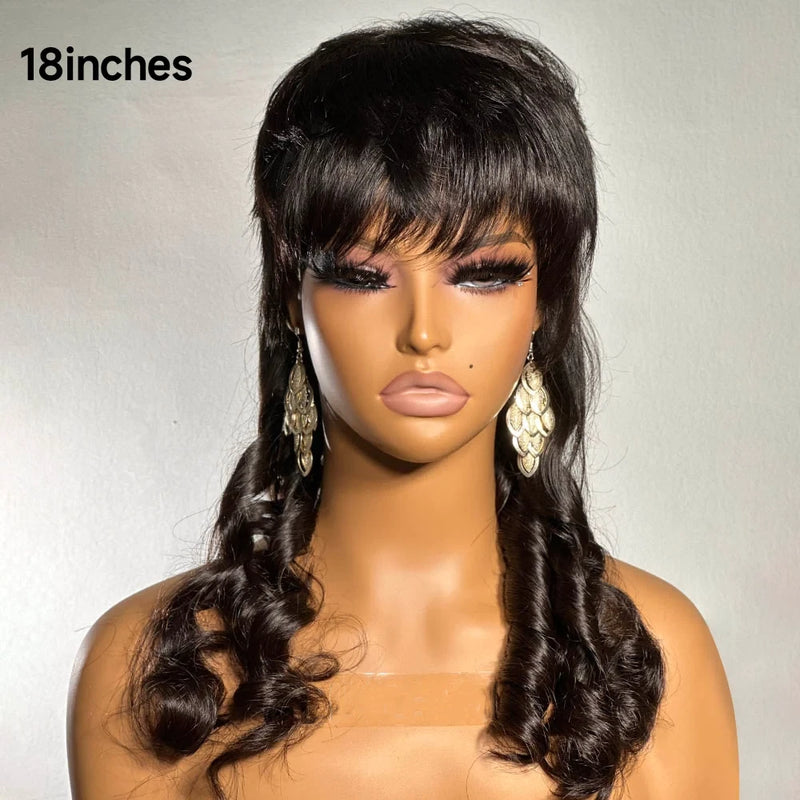 Full Machine Made Mullet Layered Pixie Human Hair Wig with Bang