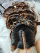 {LAST-PIECE-CLEARANCE} 13x4 Transparent Lace Front Human Hair Brown Highlight Wavy Wig