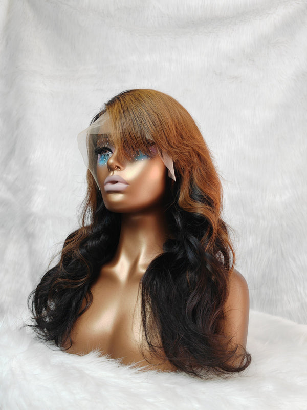{LAST-PIECE-CLEARANCE} 13x4 Ombre Brown Human Hair Body Wave Bang Style Lace Front Wig
