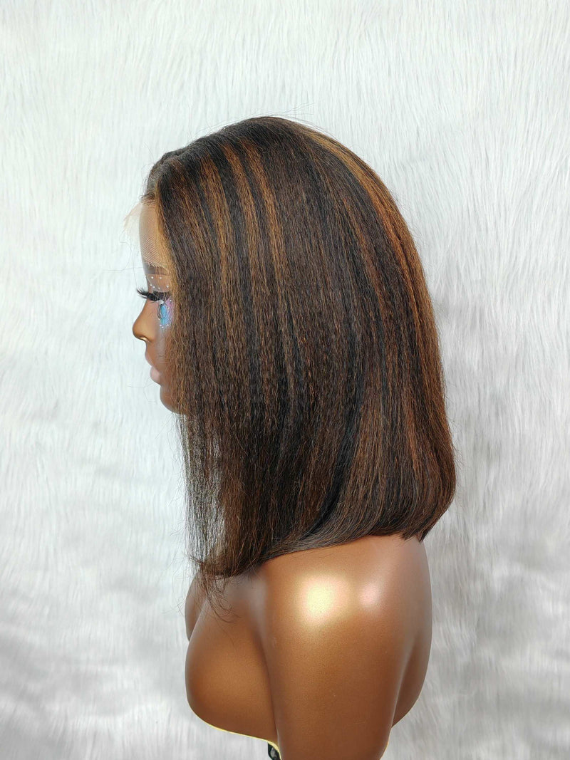 {LAST-PIECE-CLEARANCE} 7X5 HD Skin Melt Lace Drawstring Yaki Highlight Human Hair Bob Wig