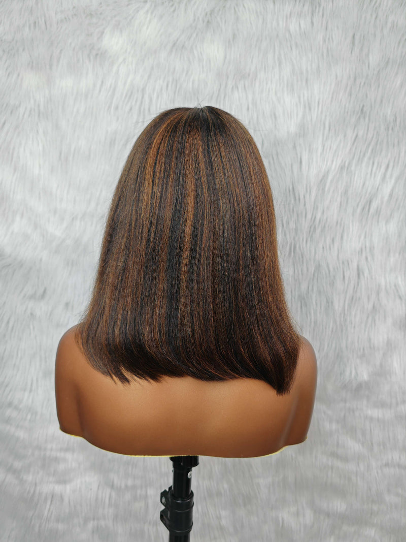 {LAST-PIECE-CLEARANCE} 7X5 HD Skin Melt Lace Drawstring Yaki Highlight Human Hair Bob Wig
