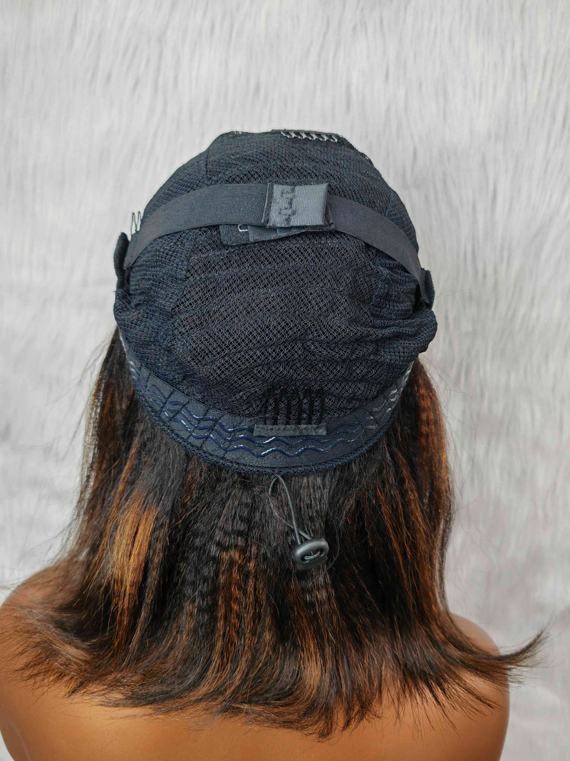 {LAST-PIECE-CLEARANCE} 7X5 HD Skin Melt Lace Drawstring Yaki Highlight Human Hair Bob Wig