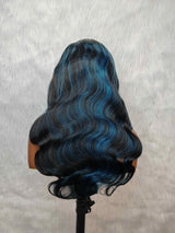 {LAST-PIECE-CLEARANCE} 13x4 Transparent Lace Human Hair Blue Highlight Wavy Wig