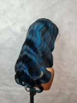 {LAST-PIECE-CLEARANCE} 13x4 Transparent Lace Human Hair Blue Highlight Wavy Wig