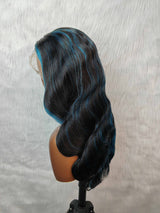 {LAST-PIECE-CLEARANCE} 13x4 Transparent Lace Human Hair Blue Highlight Wavy Wig