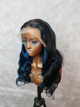 {LAST-PIECE-CLEARANCE} 13x4 Transparent Lace Human Hair Blue Highlight Wavy Wig