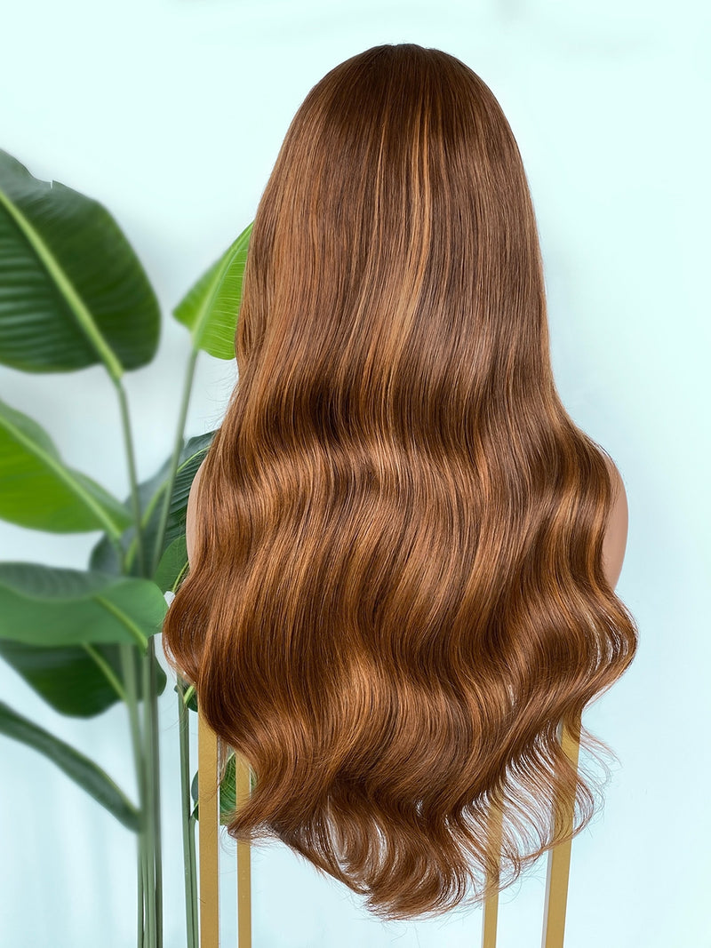 [SalonLux] 13x4 HD Lace Ginger Highlight Wavy Preplucked Human Hair Lace Front Wig