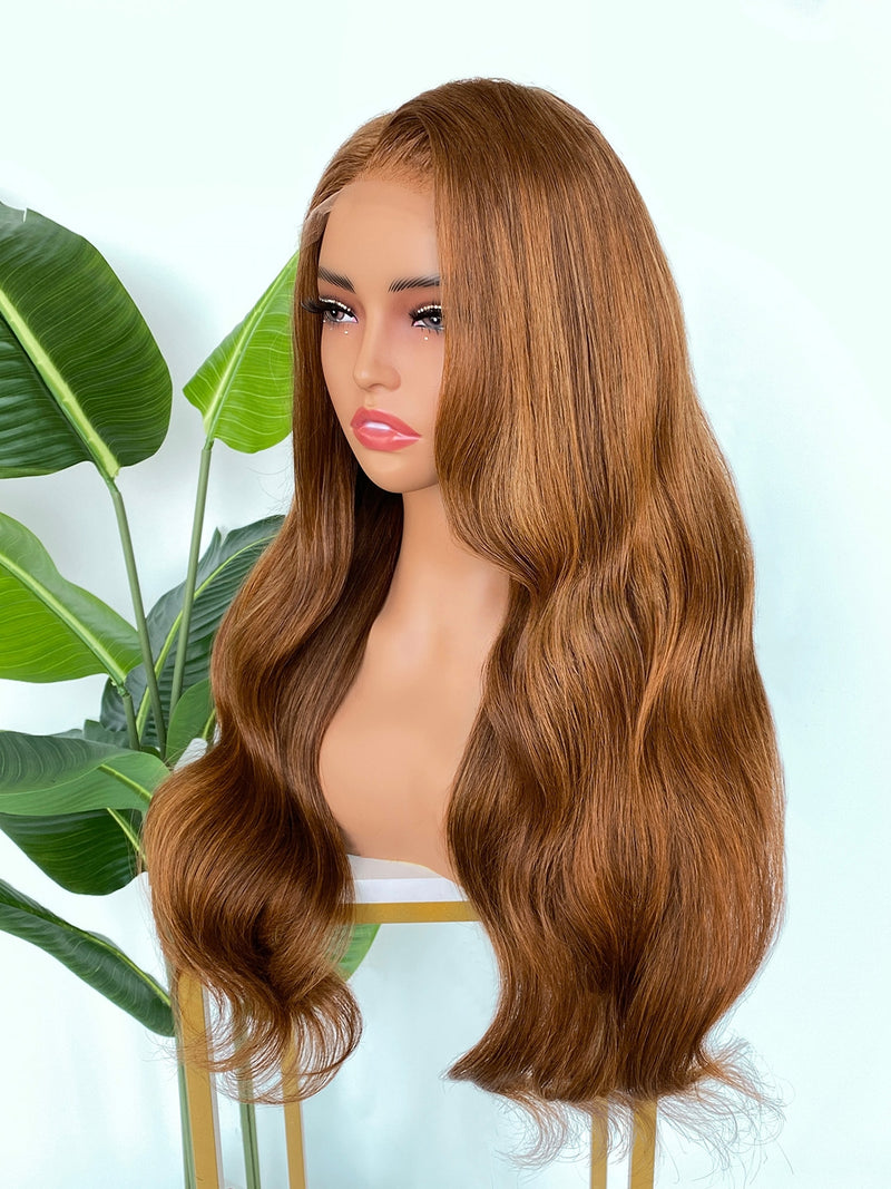 [SalonLux] 13x4 HD Lace Ginger Highlight Wavy Preplucked Human Hair Lace Front Wig