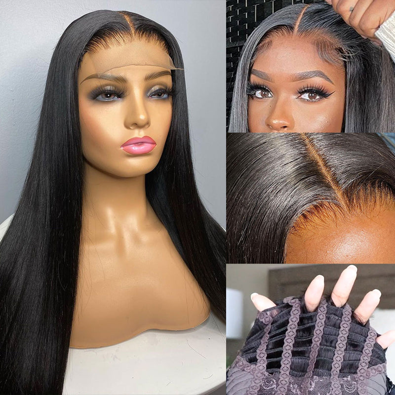 NEW Glueless Air Cap Skin Melt Swiss Lace Preplucked Human Hair Closure Wigs Straight