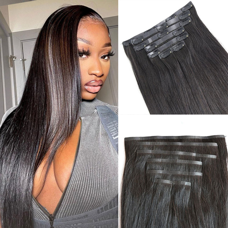 Ultra Thin Straight Seamless PU Clip In Hair Extension Virgin Human Wefts Set