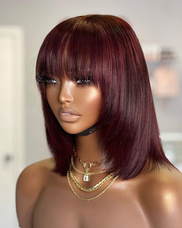 Sarah | 99J Layered Preplucked Human Hair BOB Lace Wig with Bang