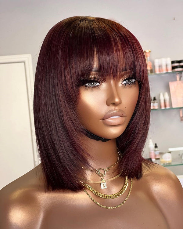 Sarah | 99J Layered Preplucked Human Hair BOB Lace Wig with Bang